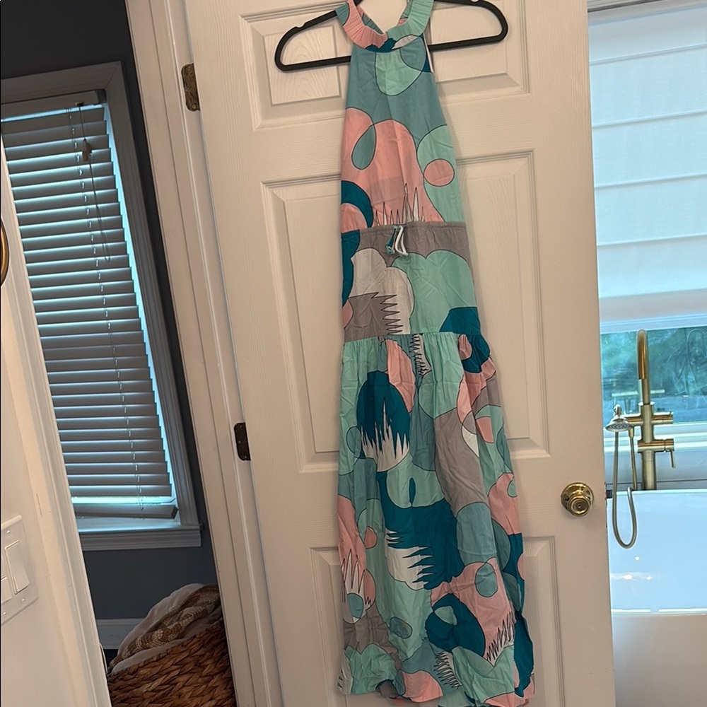 Anthropologie Green and Pink Halter Sundress for Resort